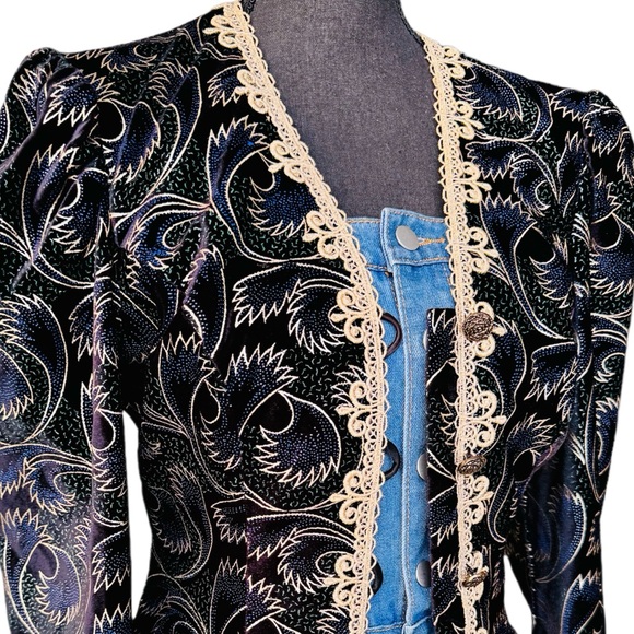 Scott McClintock Vintage Black Velvet Puffer Gold Trim Blazer 80s Jacket - Picture 6 of 10